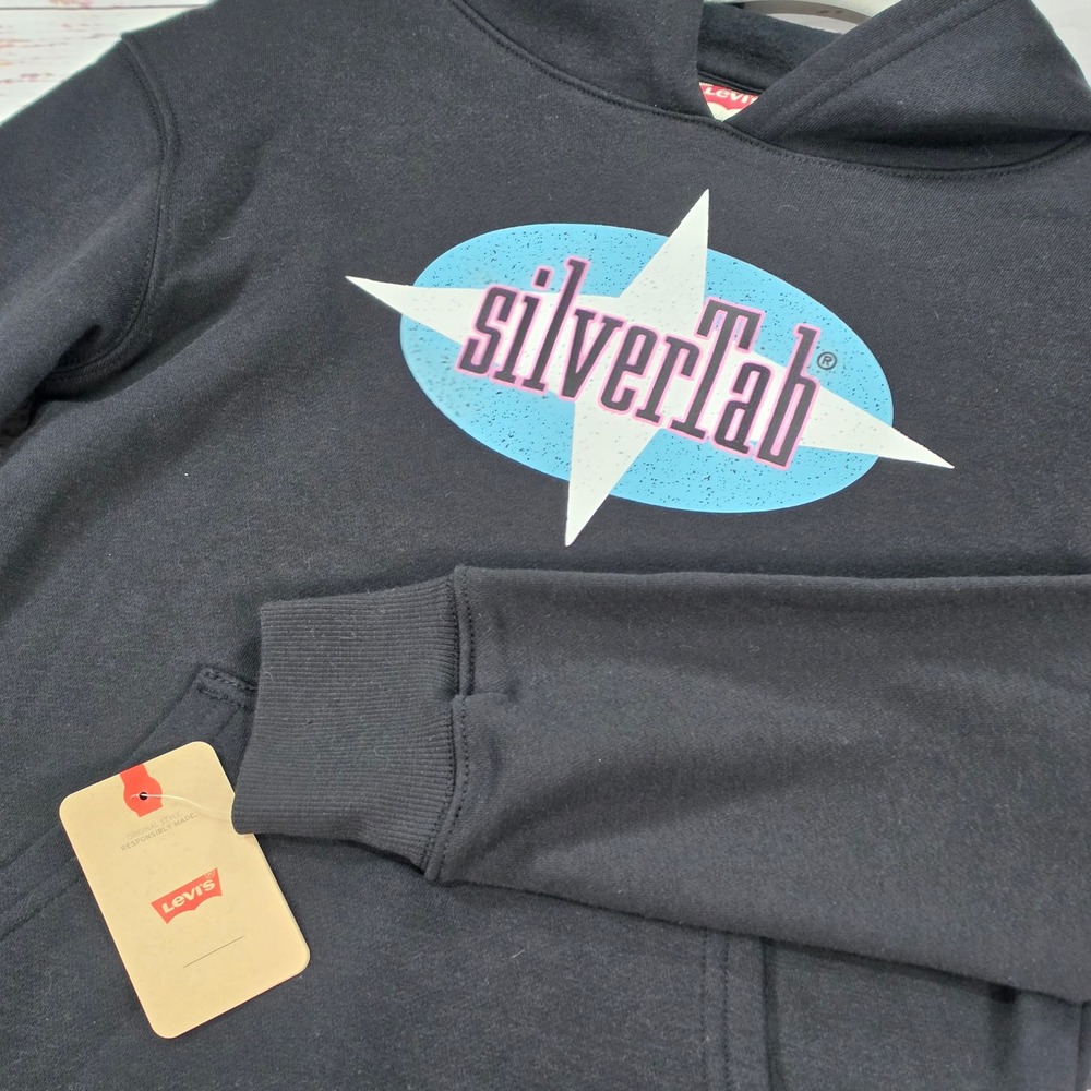 Levi's SilverTab Hoodie Kids Size M Black NWT Retro Graphic Sweatshirt 91G333